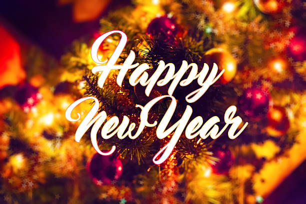 istock Happy New Year word and xmas tree with star bokeh 618216638