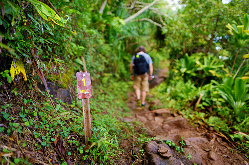 One mile sign on Kalalau trail in Kauai, Hawaii