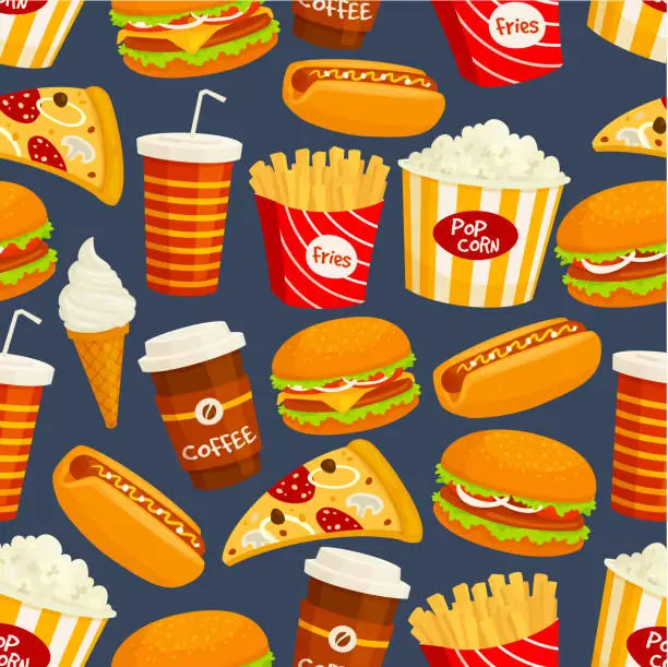 Vector illustration of Fast food snacks and drinks seamless pattern
