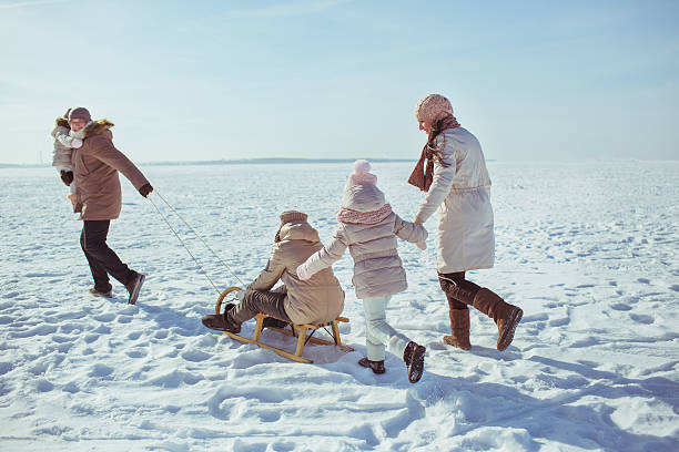 istock Happy big family walk in winter (back view) 618221626