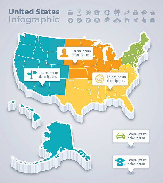 karte der vereinigten staaten infografik - southern usa stock-grafiken, -clipart, -cartoons und -symbole