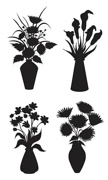 Vector illustration of Flowers & Flower Vase Silhouette Set