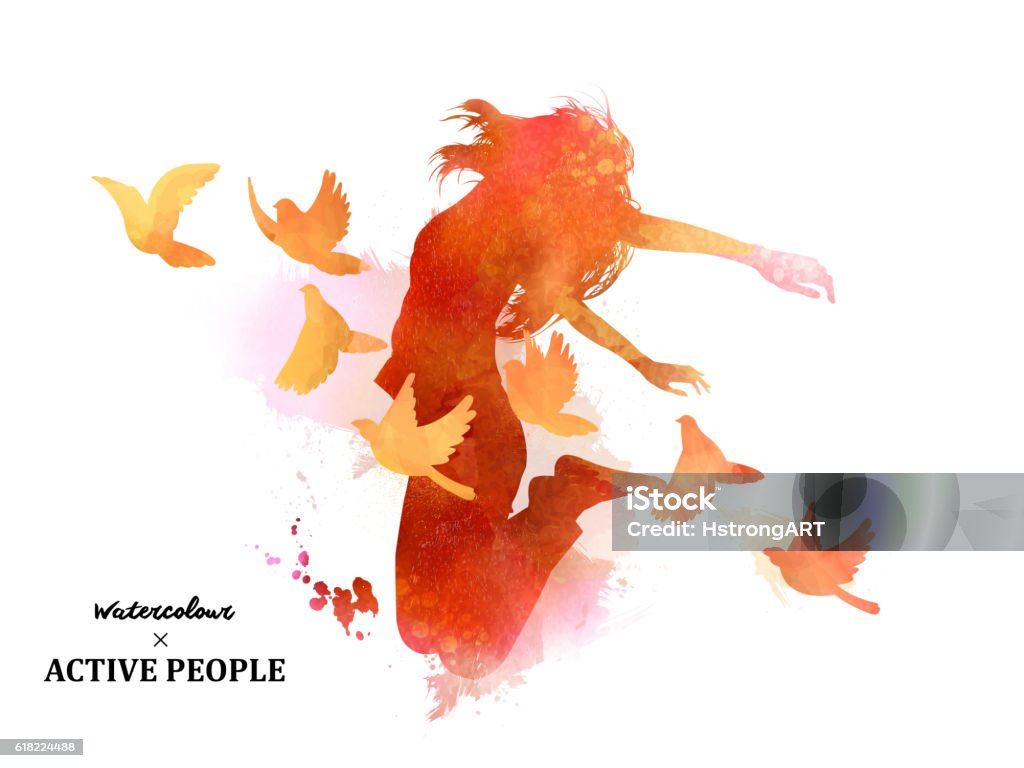 Watercolor jumping silhouette Watercolor jumping silhouette, young girl jumping with pigeons around her in watercolor style. Women stock vector