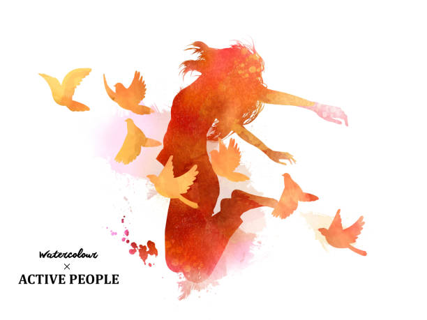Watercolor jumping silhouette Watercolor jumping silhouette, young girl jumping with pigeons around her in watercolor style. flourish art illustrations stock illustrations