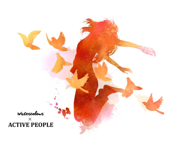 Watercolor jumping silhouette Watercolor jumping silhouette, young girl jumping with pigeons around her in watercolor style. woman painted image stock illustrations