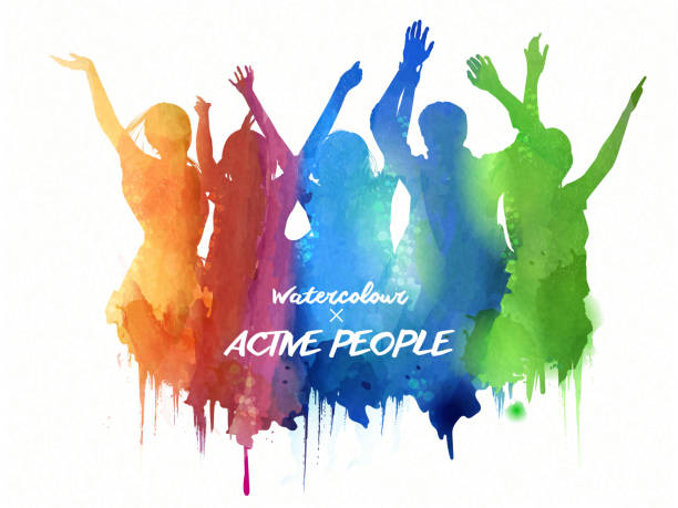 ilustrações de stock, clip art, desenhos animados e ícones de watercolor jumping silhouette - vector multi colored colors healthcare and medicine