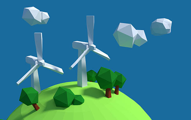 Two white wind turbine generator on the earth with good ecology low-poly 3d rendered