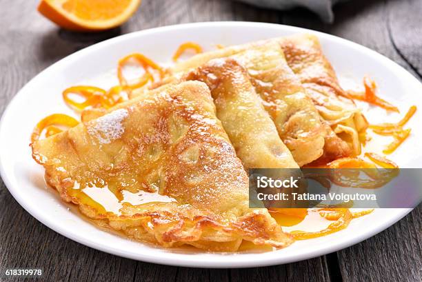 Crepes Suzette Close Up View Stock Photo - Download Image Now - Crêpe - Pancake, Orange - Fruit, Orange Color