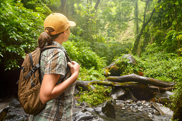 istock Woman hiker with backpack standing enjoying jungles. 618322198