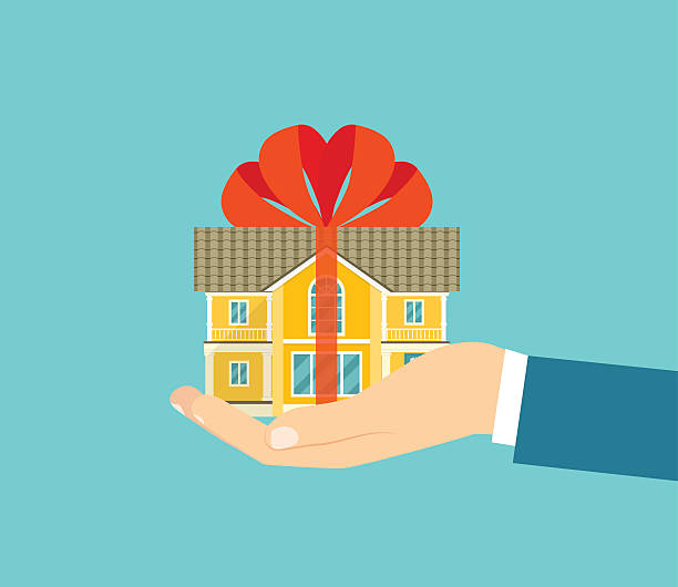 ilustrações de stock, clip art, desenhos animados e ícones de hand holding a model house. vector flat illustration - bow building