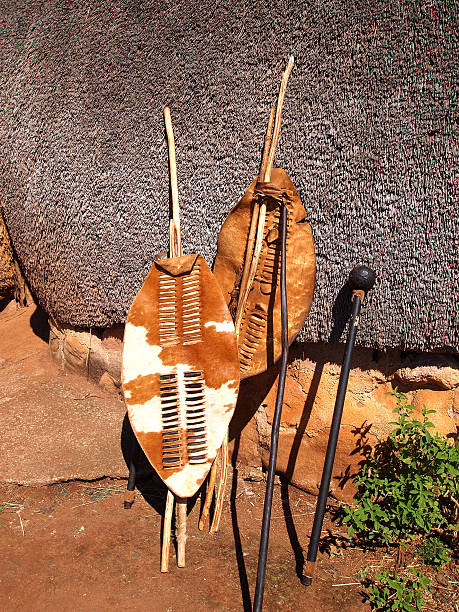 Close-up South African Zulu spears, warrior shields and assegai. Traditional tribal ethnic weapon.