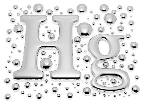 Small shiny mercury (Hg) metal chemical element sign of toxic mercury metal with small drops and droplets of toxic mercury liquid isolated on white background closeup view, 3d illustration