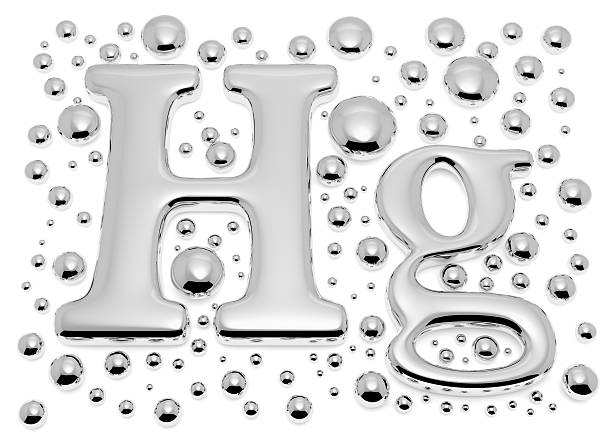 Small mercury (Hg) metal sign with small drops Small shiny mercury (Hg) metal chemical element sign of toxic mercury metal with small drops and droplets of toxic mercury liquid isolated on white background closeup view, 3d illustration chromium element periodic table stock pictures, royalty-free photos & images