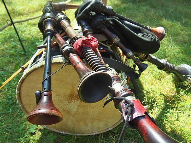 istock The composition of musical instruments  bagpipes lying on a drum 618326646