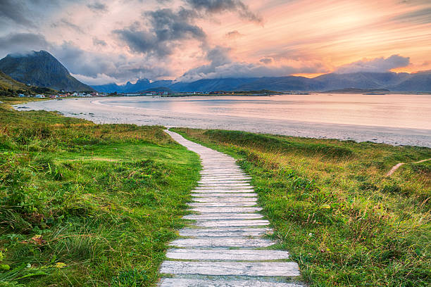 pasarela a ramberg beach, lofoten, noruega - lofoten and vesteral islands beach nature norway fotografías e imágenes de stock