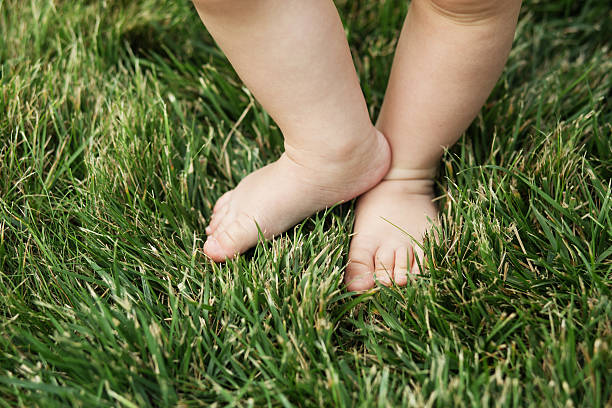 istock Baby standing barefoot on the grass 618327152