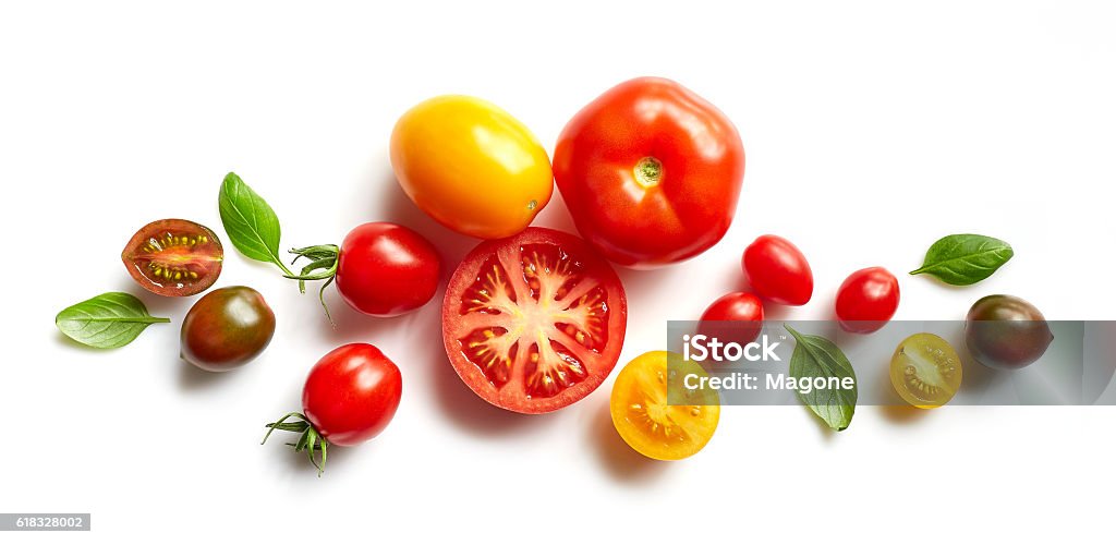 various colorful tomatoes various colorful tomatoes and basil leaves isolated on white background Tomato Stock Photo