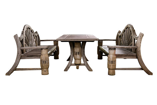 istock Set Vintage Long Wooden Table and Bench isolated 618328928