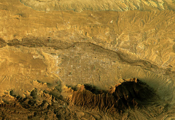 Albuquerque 3D Landscape View East-West Natural Color 3D Render of a Topographic Map of Albuquerque, New Mexico, USA. new mexico landscape stock illustrations