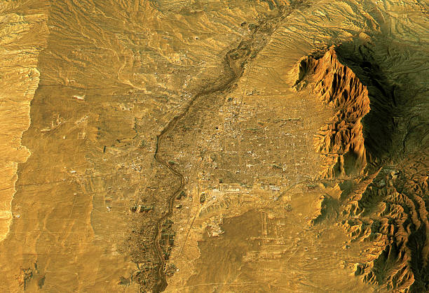 Albuquerque 3D Landscape View South-North Natural Color 3D Render of a Topographic Map of Albuquerque, New Mexico, USA. north america landscape stock pictures, royalty-free photos & images