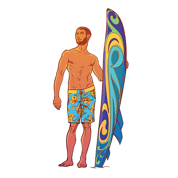 illustrazioni stock, clip art, cartoni animati e icone di tendenza di surfista in pantaloncini. vista frontale. isolato su bianco - shorts swimming shorts swimwear men