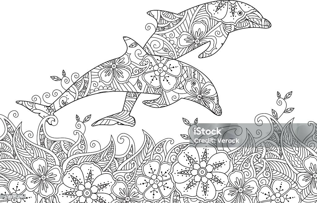 Coloring page with pair of jumping dolphins in the sea. Coloring page with pair of jumping dolphins in the sea. Horizontal composition. Coloring book for adult and older children. Editable vector illustration. Coloring Book Page - Illlustration Technique stock vector