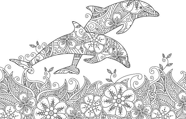 Coloring page with pair of jumping dolphins in the sea. Coloring page with pair of jumping dolphins in the sea. Horizontal composition. Coloring book for adult and older children. Editable vector illustration. adult stock illustrations
