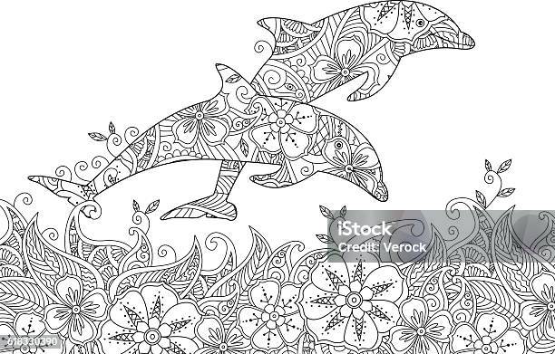 Coloring Page With Pair Of Jumping Dolphins In The Sea Stock Illustration - Download Image Now