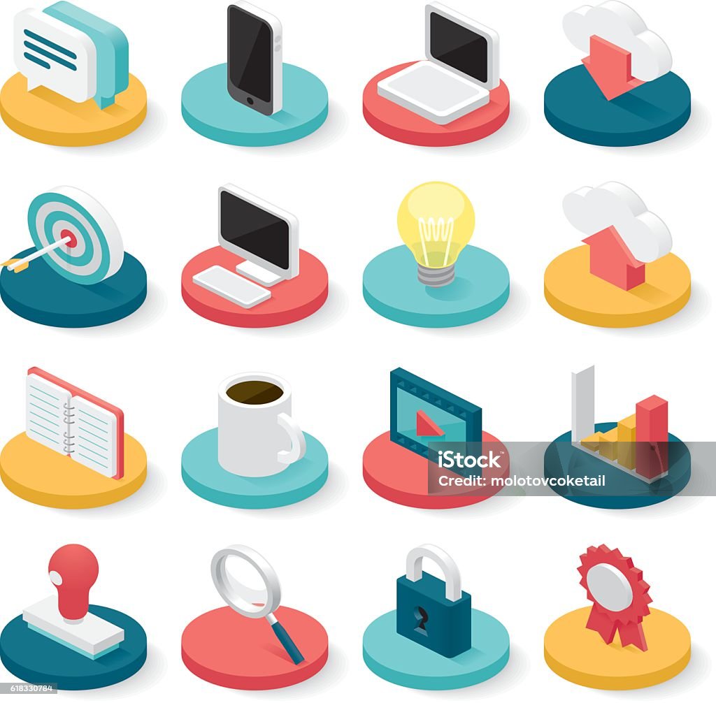business isometric icons A set of 16 business icon. Isometric Projection stock vector