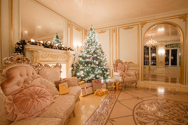 istock Christmas evening by candlelight. classic apartments with a white fireplace 618331988
