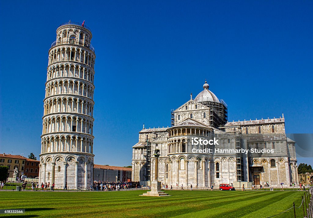 The Leaning Tower of Pisa in Italy The Leaning Tower of Pisa -Torre pendente di Pisa-  It is located in Piazza dei Miracoli. It's also third oldest built structure in Pisa's Piazza dei Miracoli after Cathedral and the Baptistery. Horizontal composition. Front view. Pisa Stock Photo