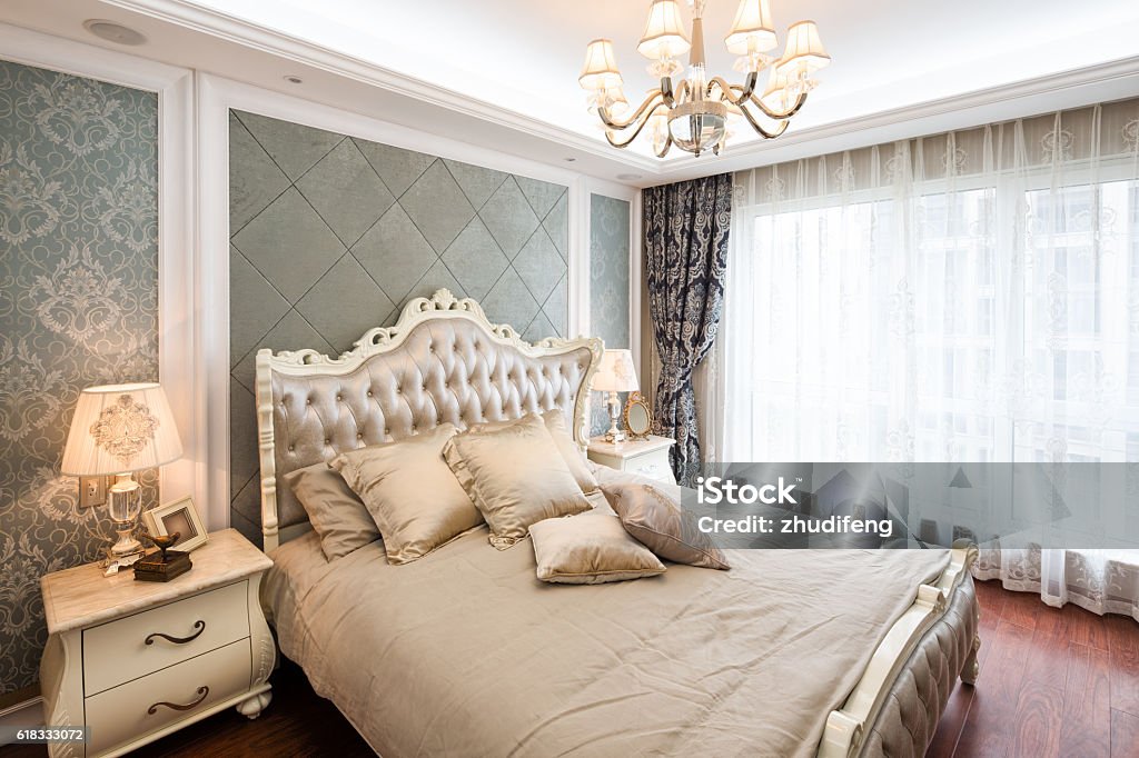interior of modern bedroom modern bedroom with comfortable bed Apartment Stock Photo