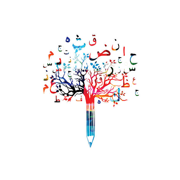 illustrazioni stock, clip art, cartoni animati e icone di tendenza di illustrazione vettoriale dell'albero a matita colorata con simboli di calligrafia araba - arabic script