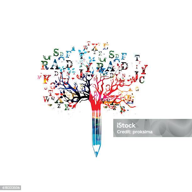 Vetores de Ilustração De Vetor De Árvore De Lápis Colorido Com Letras De Fonte e mais imagens de Escrever