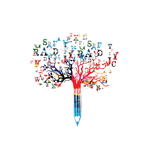 Colorful pencil tree vector illustration with font letters Colorful pencil tree vector illustration with font letters. Typeset design for news, creative writing, storytelling, blogging, education, book cover, article and website content writing, copywriting writing activity stock illustrations