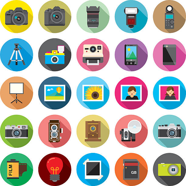 ilustraciones, imágenes clip art, dibujos animados e iconos de stock de conjunto de 25 iconos de cámara plana y fotografía (serie kalaful) - cámara réflex digital de objetivo único fotos