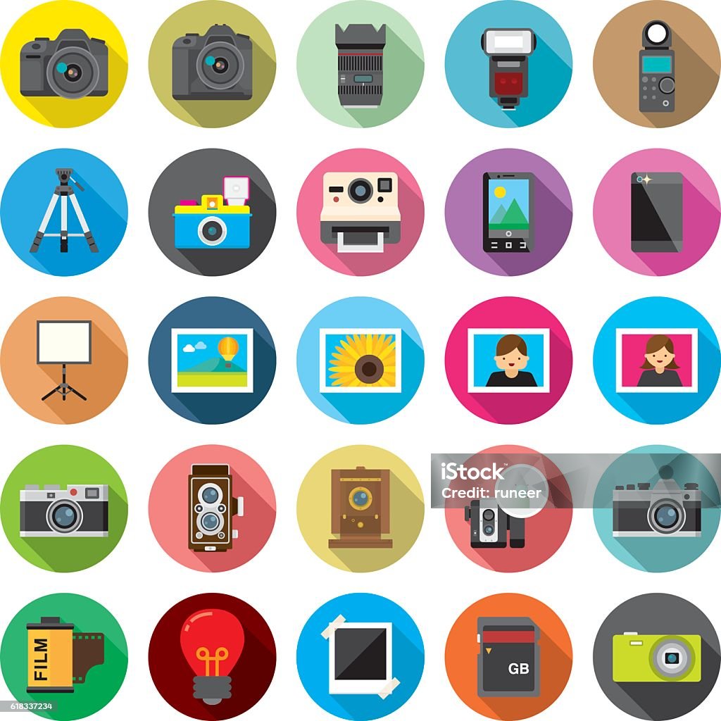Set of 25 Flat Camera & Photography icons (Kalaful series) Flat camera and photographic equipment's icons with long shadows. Photograph stock vector