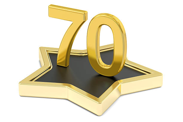 istock golden number 70 on star podium, award concept. 3D rendering 618337714