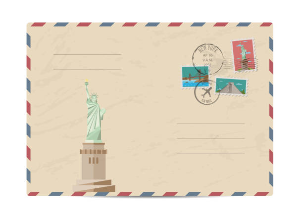 스탬프가 있는 빈티지 우편 봉투 - new york stock illustrations