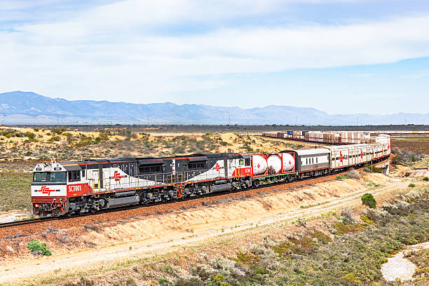 langer sct-güterzug in riesiger outback-landschaft - land vehicle rail freight locomotive australia stock-fotos und bilder