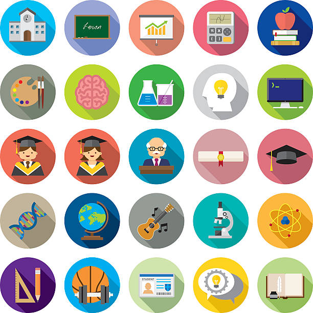 Set of 25 Flat Education icons (Kalaful series) Flat education icons with long shadows. university clipart stock illustrations