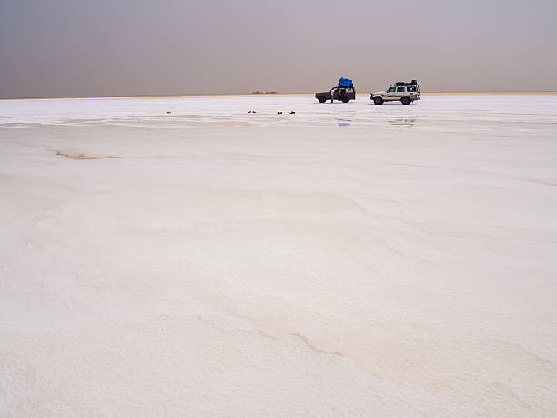 Salt desert and lake, Ethiopia Afar Region, Ethiopia - June 26, 2016: Group of tourists traveling by four by four cars through salt desert and lake in the Afar Region, Danakil Depression, Ethiopia in June when the temperature reaches 50 degrees Celsius. dallol ethiopia stock pictures, royalty-free photos & images