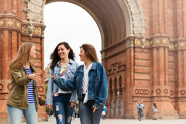 Young tourists walking and having fun in Barcelona stock photo