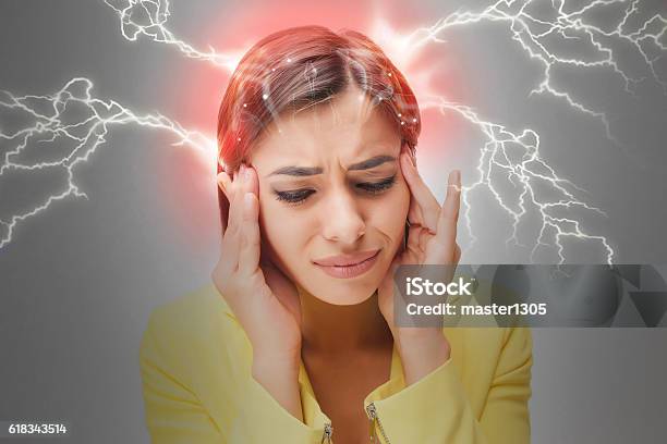 The Young Womans Portrait With Pain Emotions Stock Photo - Download Image Now - Headache, Image Montage, Beautiful People