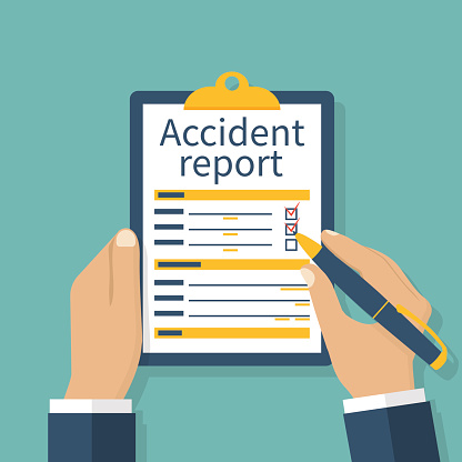Accident report form. Man write application, pen and clipboard in hand. Template. Vector illustration flat design. Isolated on background.