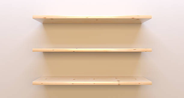 istock Wooden shelf on white wall 618343862