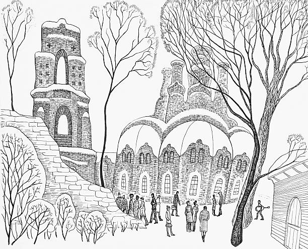 The old Orthodox Cathedral without a dome in the winter surrounded by trees and people.