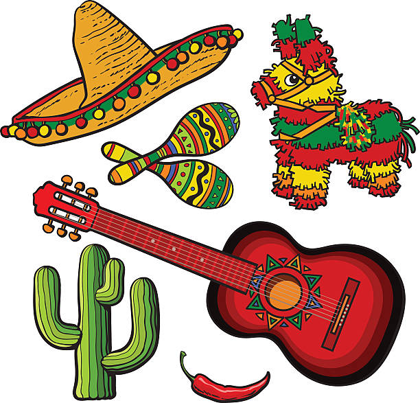 mexikanische set sombrero, pinata, maraca, kaktus, chili und spanische gitarre - north american tribal culture stock-grafiken, -clipart, -cartoons und -symbole