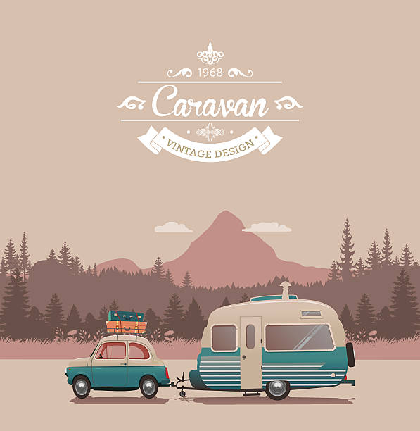 illustrazioni stock, clip art, cartoni animati e icone di tendenza di caravan vintage - vehicle trailer illustrations
