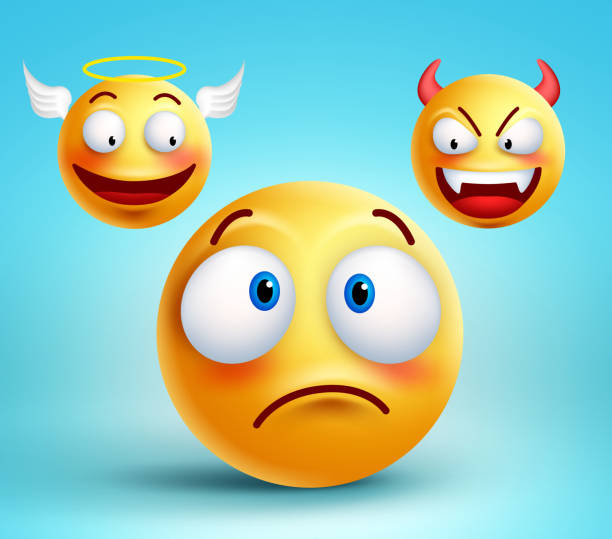Funny smiley vector character thinking choice between good Funny smiley vector character thinking choice between good angel and bad demon about decision. Vector illustration. tempting angels stock illustrations